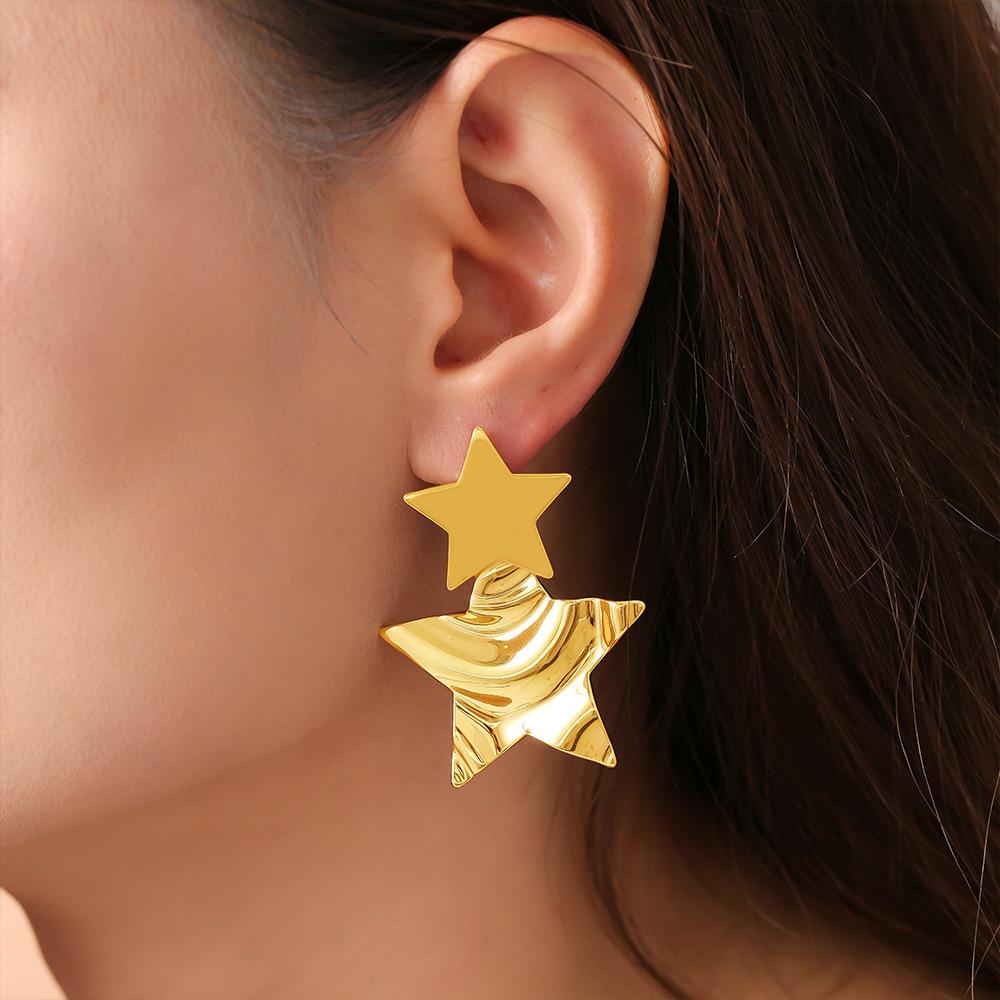 Wind Exquisite Women's Geometric Pleated Smooth Earrings Copper Plated 18k Real Gold Earrings