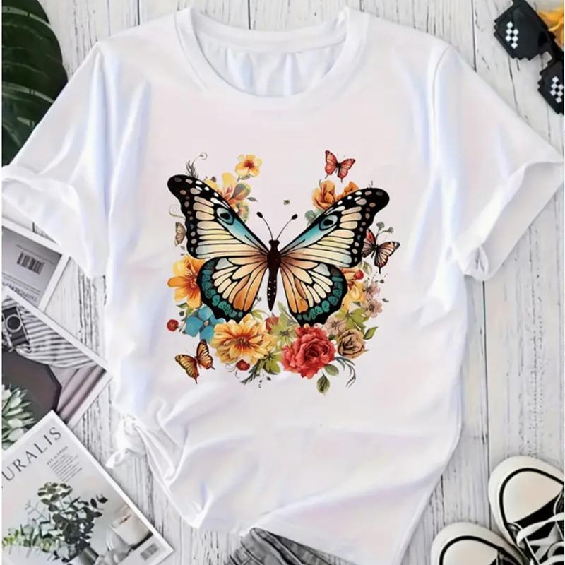 Модная женская футболка с цветочным принтом и принтом бабочек, забавная повседневная футболка с короткими рукавами и круглым вырезом, летняя женская футболка