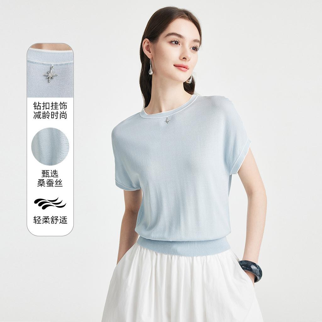 Simple and Fresh] Spring and Summer Round Neck Unique Decoration Age Reducing Daily Knitted T-shirt with Mulberry Silk for Women