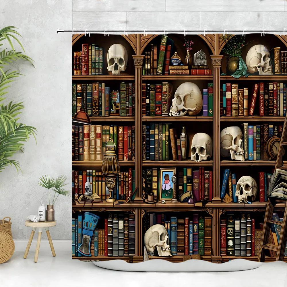 Винтажная Библиотечная Шторка для Душа Череп Свечи Старые Книги Книжная Полка Кот Растение Мультяшный Дом Полиэстеровая Ткань Декор Ванной Комнаты Занавески