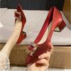 Fashion Chinese Block Heel High Heels Women's New Pointed Toe Shallow Mouth Crystal Square Buckle Mid-heel Single Shoes