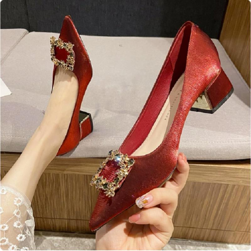 Fashion Chinese Block Heel High Heels Women's New Pointed Toe Shallow Mouth Crystal Square Buckle Mid-heel Single Shoes