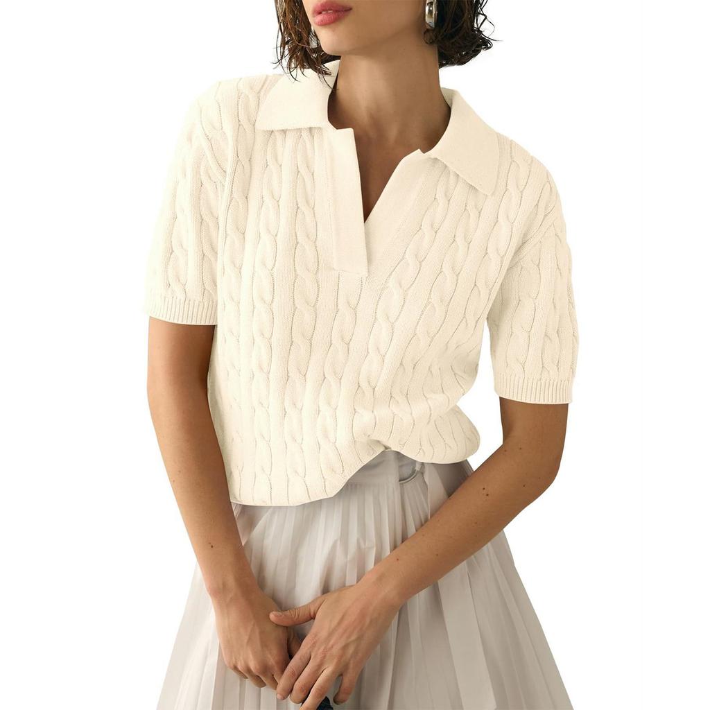 Women's Fashionable Short Sleeved V-neck Solid Color Knitted Pullover