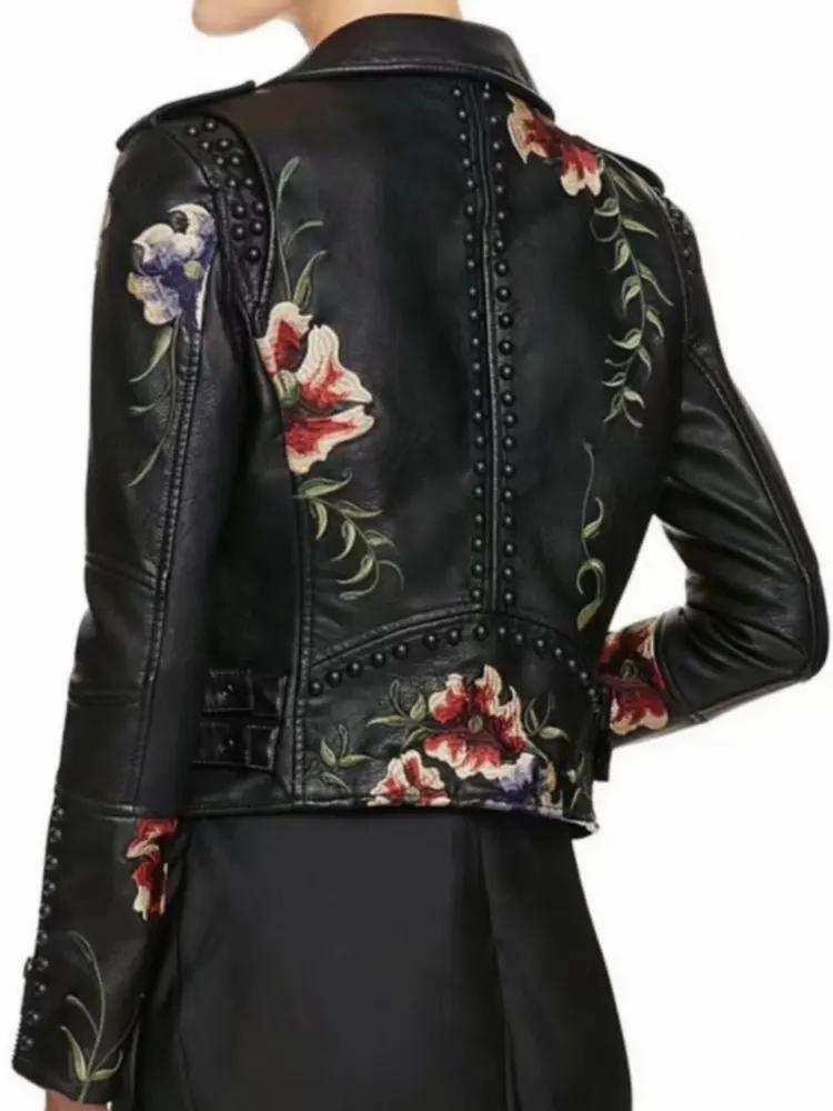 High Street Moto Rivet Black Punk Embroidery Faux Leather Jackets Women  Outerwear Biker Spring Autumn Floral Print Coats Plus Size