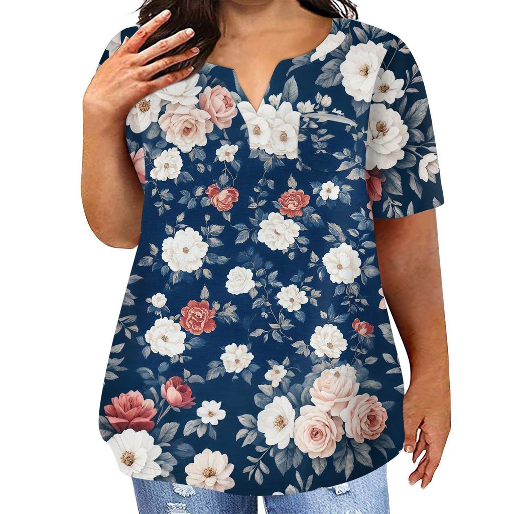 Женская футболка большого размера, повседневный топ с карманами и V-образным вырезом с короткими рукавами