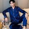 Men's Spring and Autumn Thin Lapel Ice Silk Thin Button Section Top + Wide-leg Trousers Home Two-piece Set