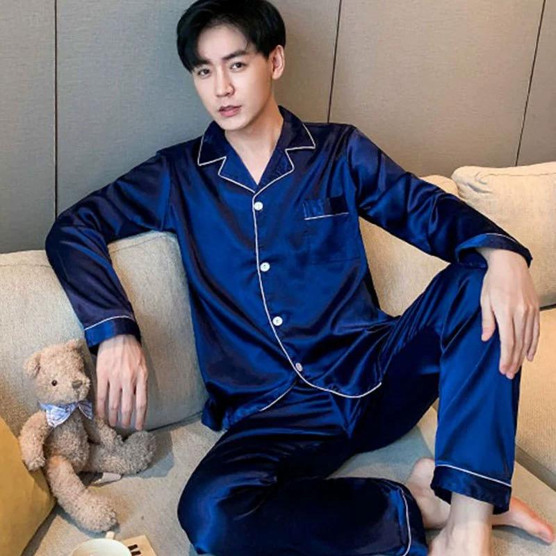 Men's Spring and Autumn Thin Lapel Ice Silk Thin Button Section Top + Wide-leg Trousers Home Two-piece Set
