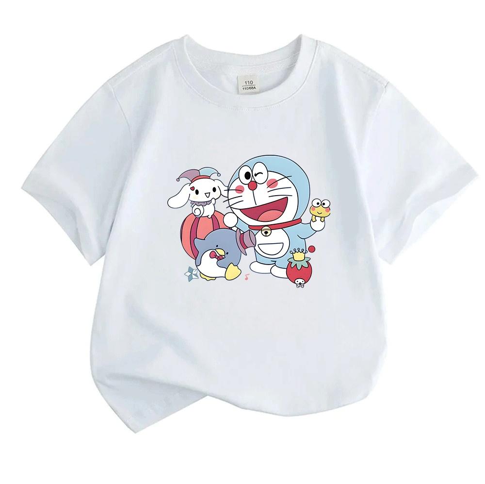 Kids Boys Girls Crew Neck Short Sleeve T-Shirt, Cute Cartoon Robot Cat With Animal Friends Print 100% Cotton Casual Tees, Soft Breathable Summer Top F