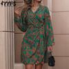 Women's Fashion Autumn Flower Pattern Print Long Sleeve V-Neck Middle Waistline Casual Dresses