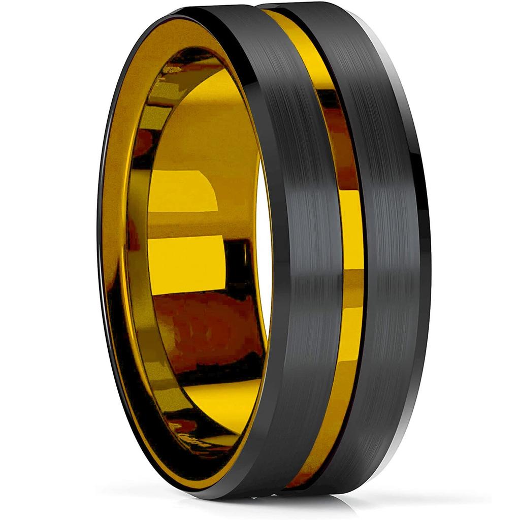 Fashion Men's 8mm Gold Color Groove Beveled Edge Tungsten Wedding Carbon Fiber Ring Punk Gear Wheel Stainless Steel Ring For Men