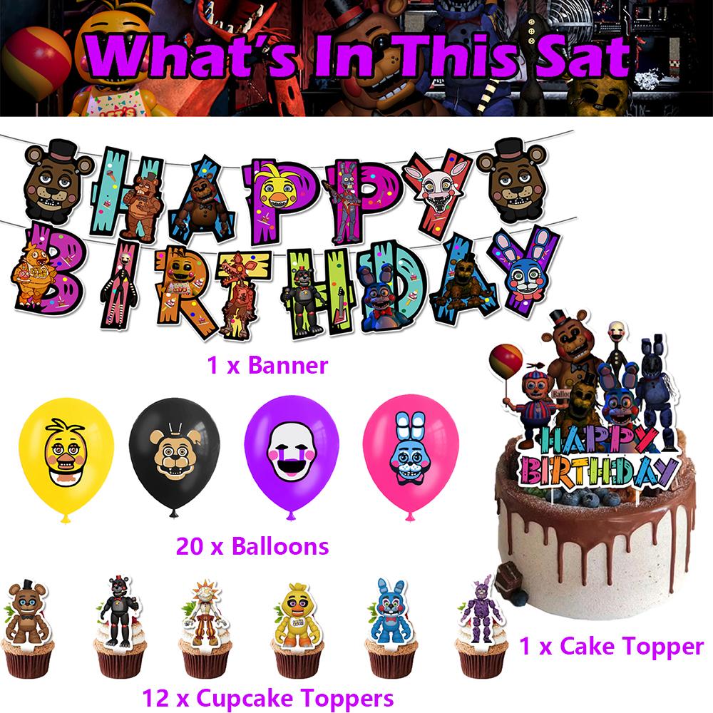 34 шт. Товары для вечеринки Five Nights at Freddy's включают топпер для торта, воздушные шары, баннер