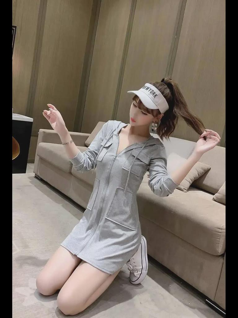 Plush Long-Sleeve Zippered Hoodie Dress - European and American Autumn/Winter Style for Women