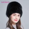 Winter Real Mink Fur Hats for Women Knitted Fur Beanie with Rose Pattern Wool Lining Winter Caps