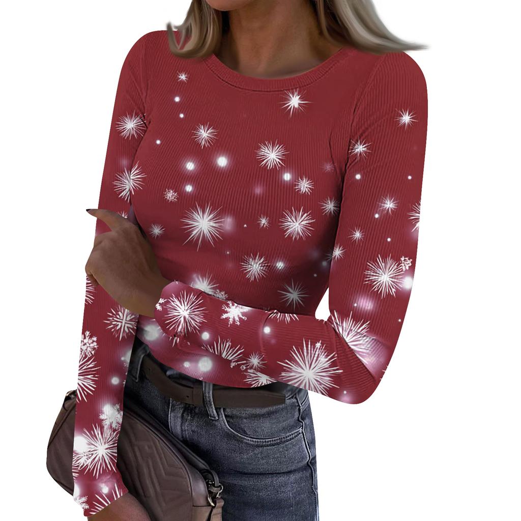 Women's Fashion Slim-Fit Round Neck Base Layer T-Shirt Christmas Print Long-Sleeved Top