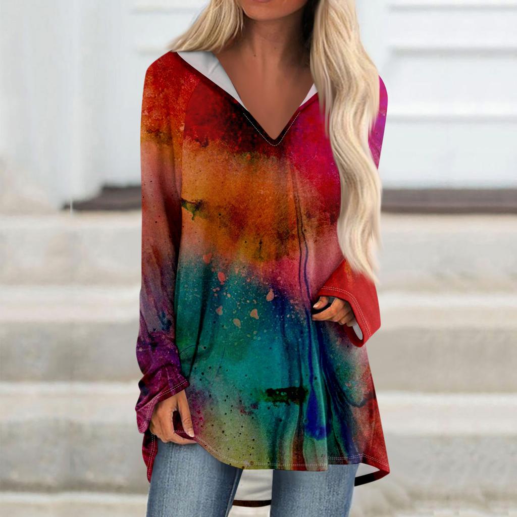 Women's V-neck Hooded Loose Long-sleeved Tops Casual Tops Home Leisure Pajamas Tops