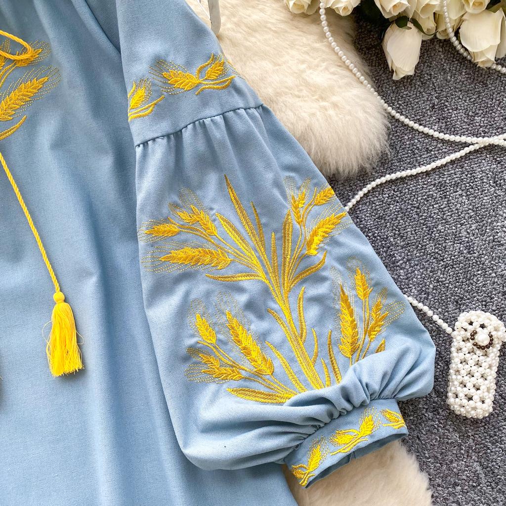 Модная блузка для женщин с рукавами-фонариками, свободные рубашки с завязками, винтажная вышивка, весенние блузки, топы