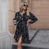 Women Autumn Winter Long Sleeve Print Elegant V-neck Casual A-Line Knee-Length High Waist Dress