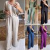 2 Pcs/Set Women Top Pants Suit V Neck Short Sleeves Satin T-shirt Drawstring High Elastic Waist Wide Leg Trousers Casual Loose Blouse Pants Set