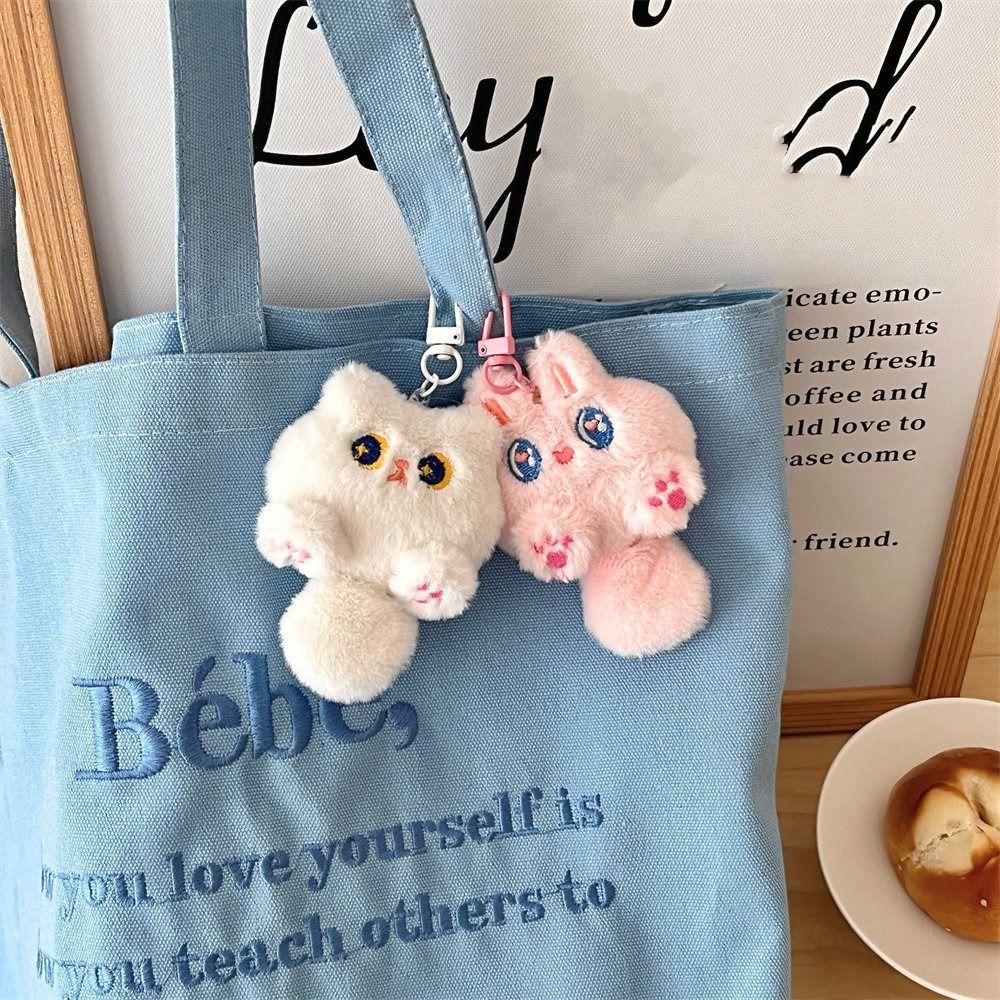 Soft Cute Cat Plush Keychain Stuffed Animal Pendant with Tail Rabbit Doll Keyring Couple