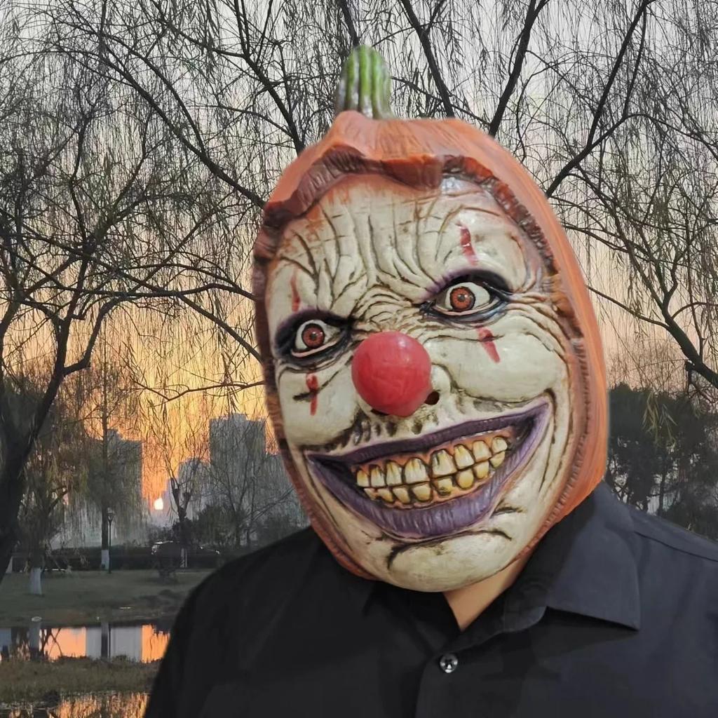 Horror pumpkin mask full face hood Halloween cosplay dress up props pumpkin head clown mask horror latex mask dress up