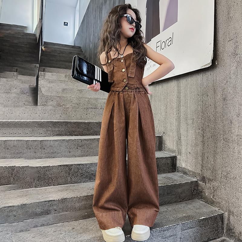 Летний дизайнерский комплект одежды для девочек: майка-слинг + брюки широкого кроя, 2 предмета, костюм для младших и подростков, детская одежда, наряды