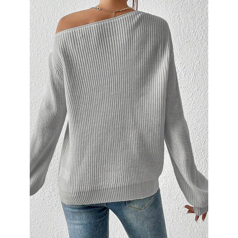 Вязаный свитер с открытыми плечами женский Новая повседневная одежда Длинный рукав Вырез лодочкой Осень Зима Базовые Свободные Свитера Оверсайз