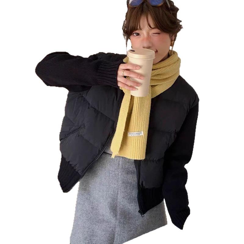 Зимняя новая вязаная рукава вставка пуховик женский пух белой утки высококачественная приталенная модная куртка