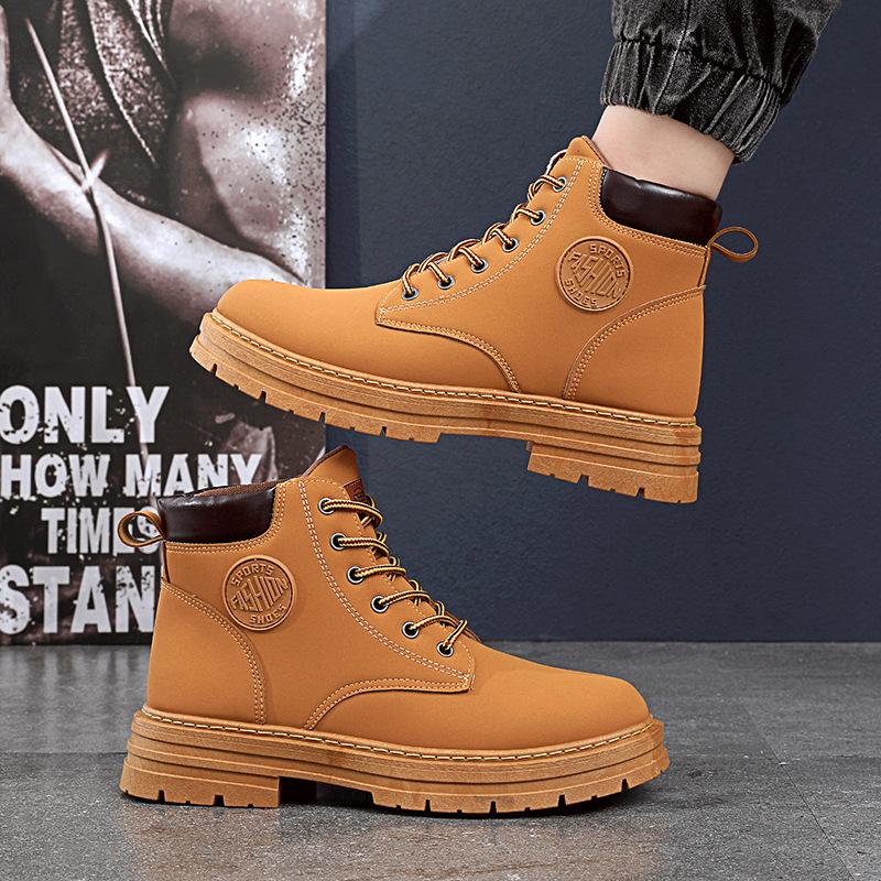 Autumn High Top Men's Leather Boots Classic Fashion Durable Waterproof High Top Boots Soft Sole Anti Slip Yellow Ankle Boots