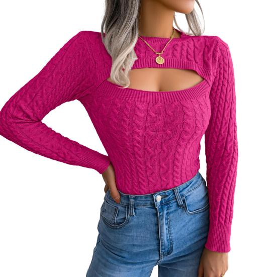 Женский свитер с круглым вырезом, длинными рукавами, полым дизайном на груди, вязаный топ с текстурой «косичка», однотонный, приталенный трикотаж