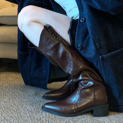 Западные ковбойские сапоги сапоги до колена сапоги на высоком каблуке для женщин сапоги-рыцари с шипами с острым носком для женщин