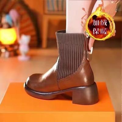 2025 осень и зима новые ботильоны Мартин на толстом каблуке, в стиле французского ретро, элегантные, из бархата, женские, универсальные, в британском стиле, ботинки-носки стрейч