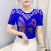Summer New Polka Dot Lace T-Shirt Women's Shiny Butterfly Hot Diamonds Bling Designer Tops Elegant Slim Female Tees