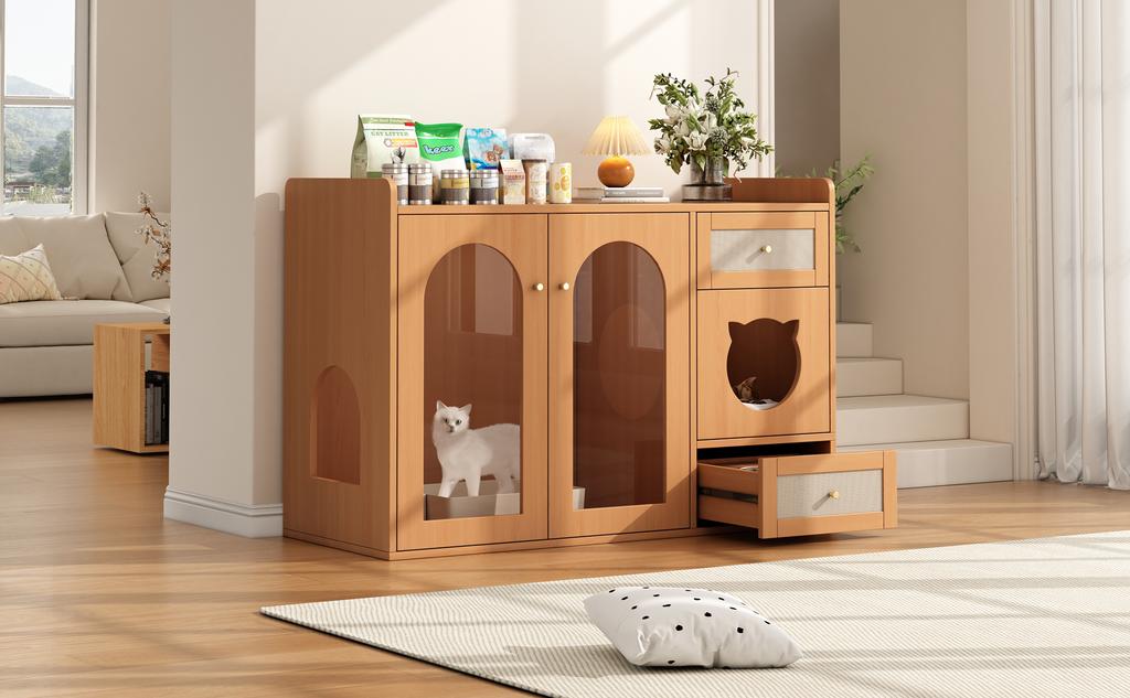 Cat House and Litter Box Cabinet with Feeding Bowls, Cat Rest Area, Storage Area (Litter Box and Cat Cushion not included), Walnut Color, 120x45x83 cm