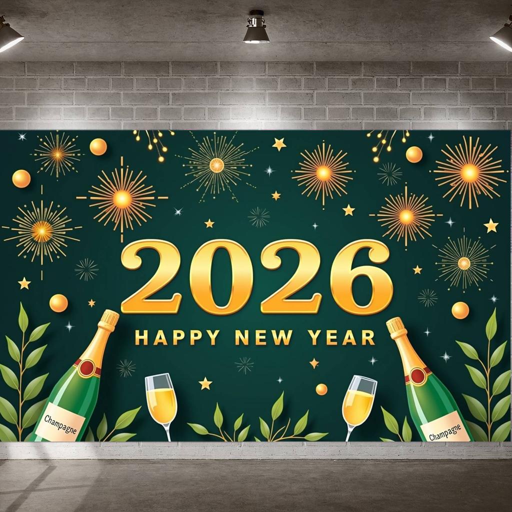2026 New Year Banner Green Background Champagne Happy New Year Banner for New Year Party 2026 Celebration Holiday Decoration