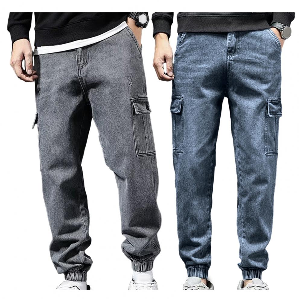 Мужские брюки-карго, свободные, однотонные, с несколькими карманами, с эластичной резинкой на щиколотке, со средней талией, в стиле ретро, мягкие, дышащие, уличная одежда, большие размеры для мужчин