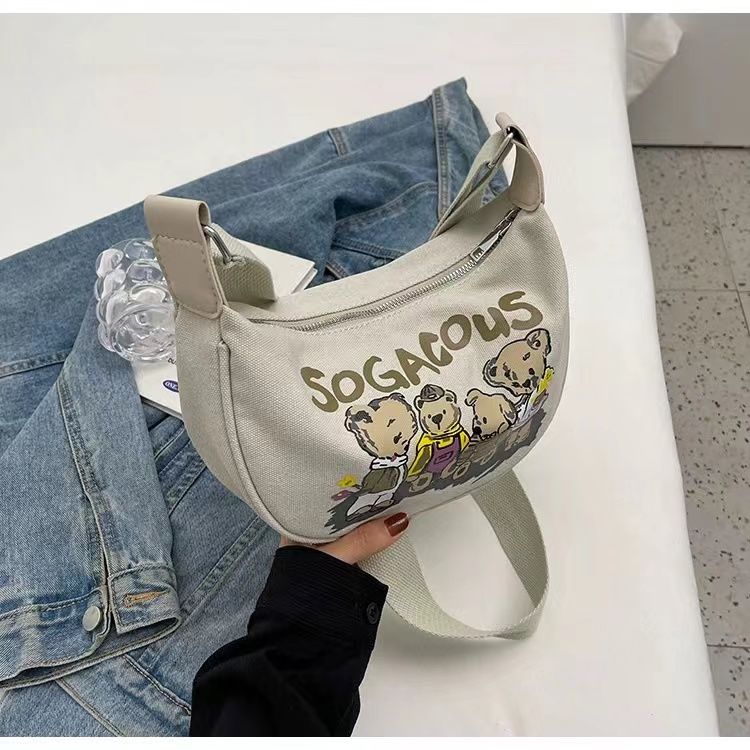 Shoulder Bag for Women Cartoon Bear Pattern Saddle Bag Fashionable Girl Canvas Dumpling Bag