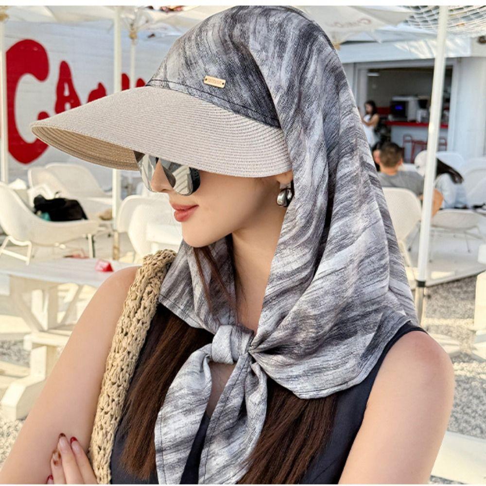 Print Summer Sun Hat Wide Brim Strappy Scarf Hat Portable Scarf Baseball Cap Girl