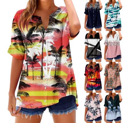 Женский свободный топ из хлопка и льна с принтом, воротником-стойкой и короткими рукавами