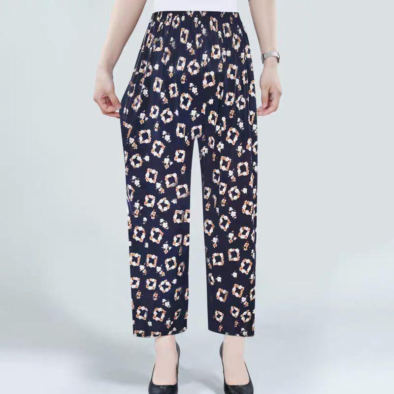 Women Summer Ice Silk Floral Printed Wide Leg Pants Elastic High Waist Casual Loose Cropped Pants