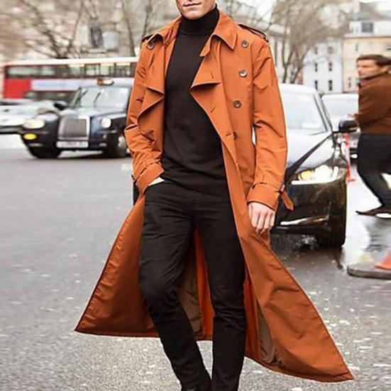 Men Trench Coat Lapel Long Sleeve Solid Color Windbreaker Double Breasted Long Style Outdoor Business Outwear
