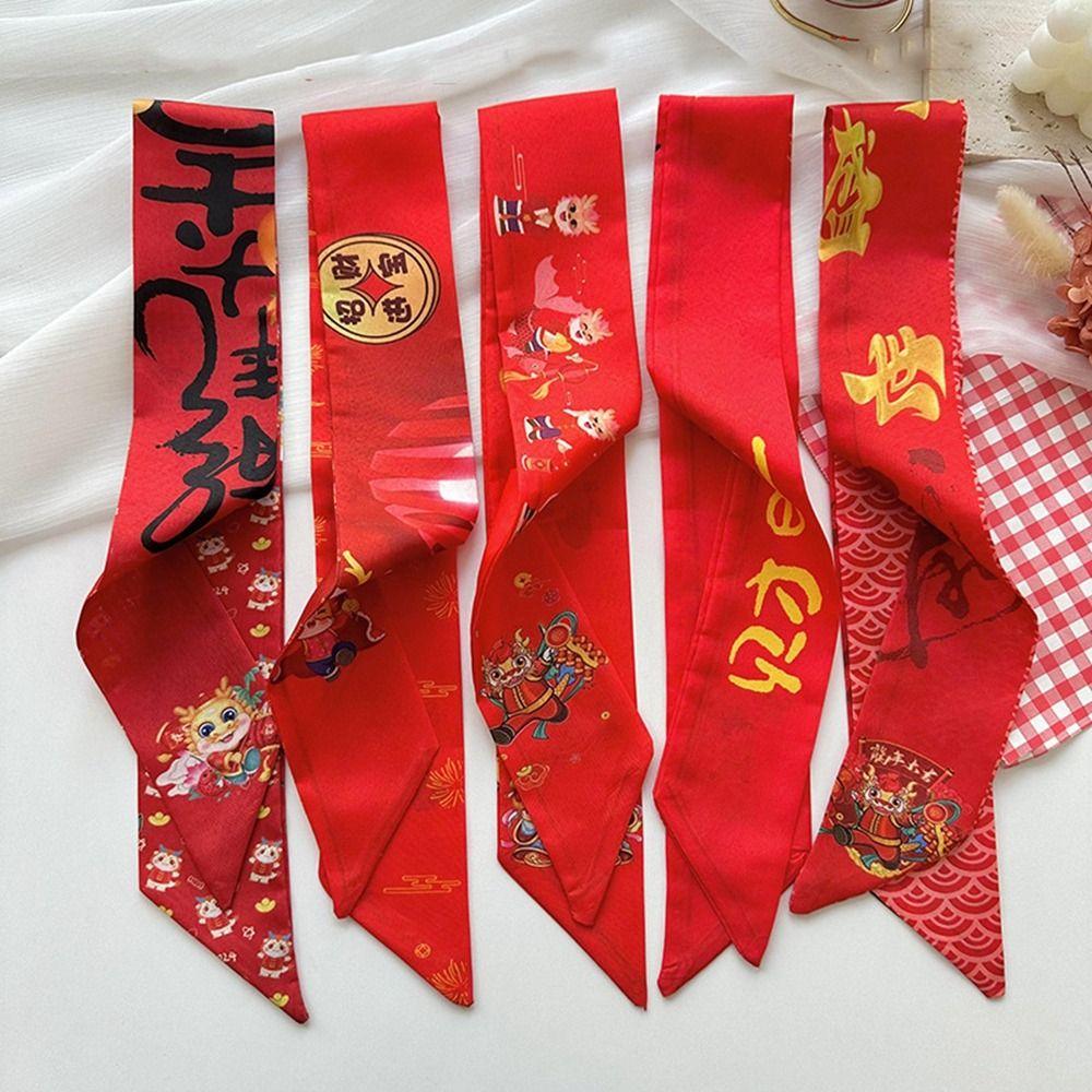 Printed New Year Red Silk Scarf New Year Scarves Scarf Hair Band Long Scarf New Year Decoration