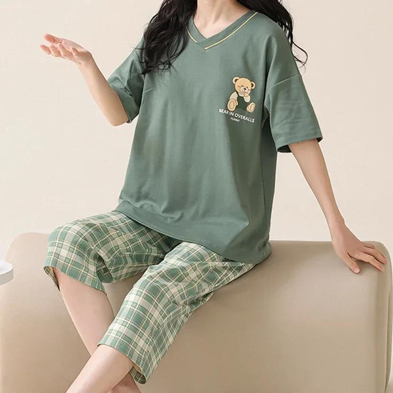 Летние пижамы-капри для женщин, повседневные пижамные комплекты с мультяшными лацканами, милая пижама для девочек из мягкого хлопка