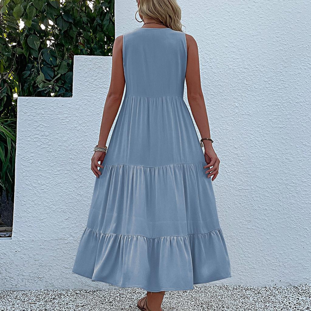 GMXIA Summer Sleeveless Pleated Skirt Loose V-neck Midlength Dress