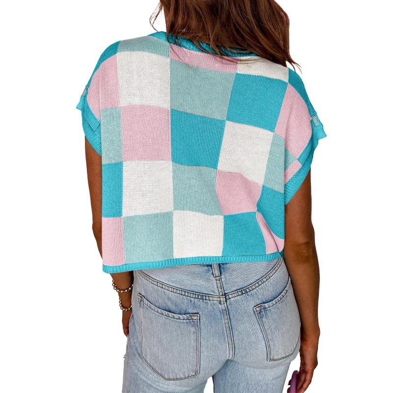 Вязаный клетчатый свитер с круглым вырезом и короткими рукавами, женский короткий топ с высокой талией и открытым пупком, повседневный трикотаж