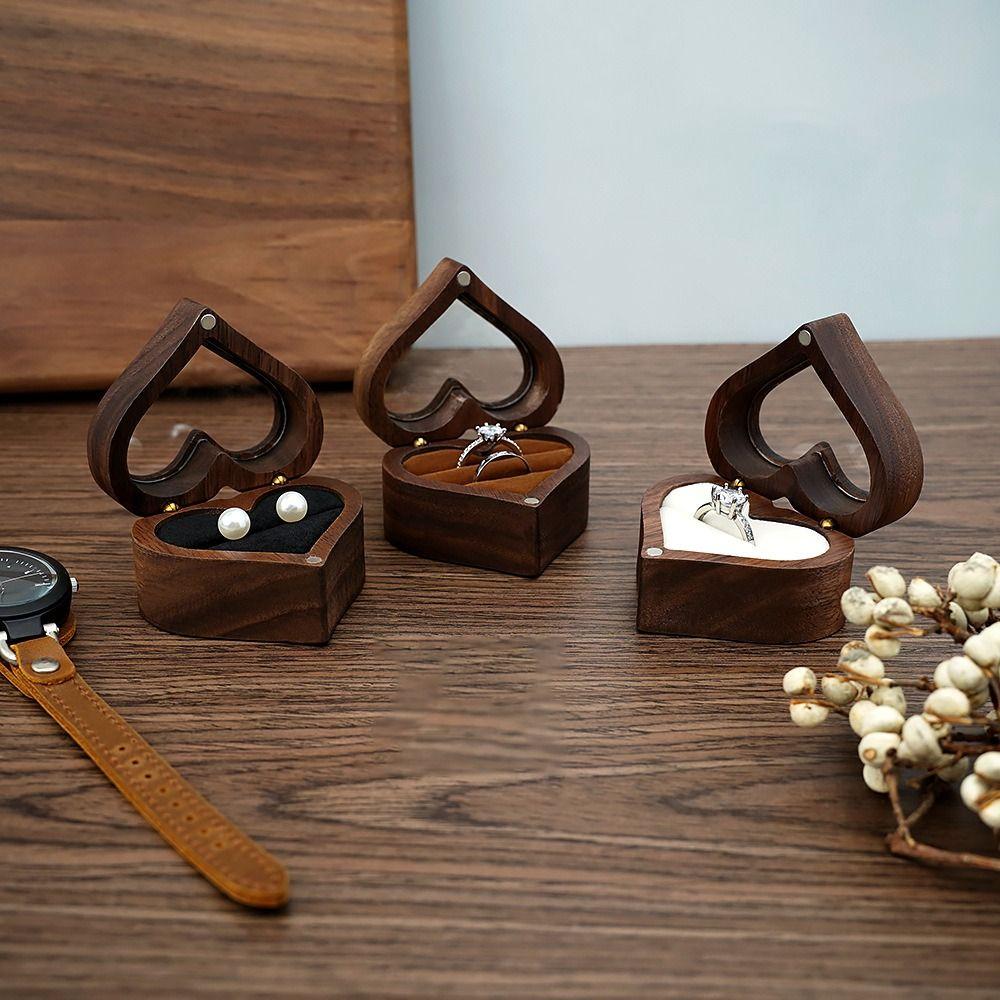 Подарочный футляр в форме сердца, деревянная шкатулка для украшений, коробка для хранения колец, держатель для хранения, витрина