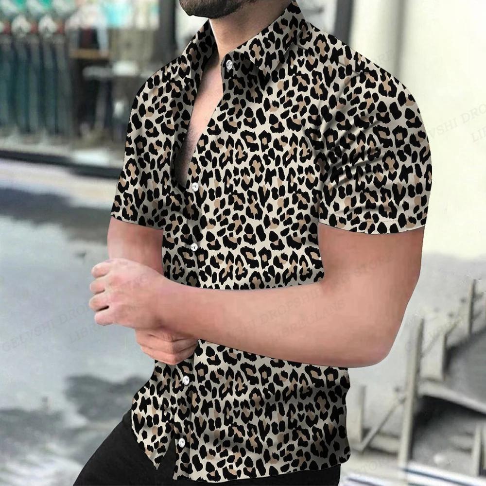 Летние мужские гавайские рубашки с воротником Camisa Леопардовые рубашки с 3D-принтом Мужские и женские рубашки с коротким рукавом Однобортная блузка