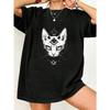 Oversized T-Shirt Black Cat With Third Eye And Symbol Print Casual Streetwear For Women