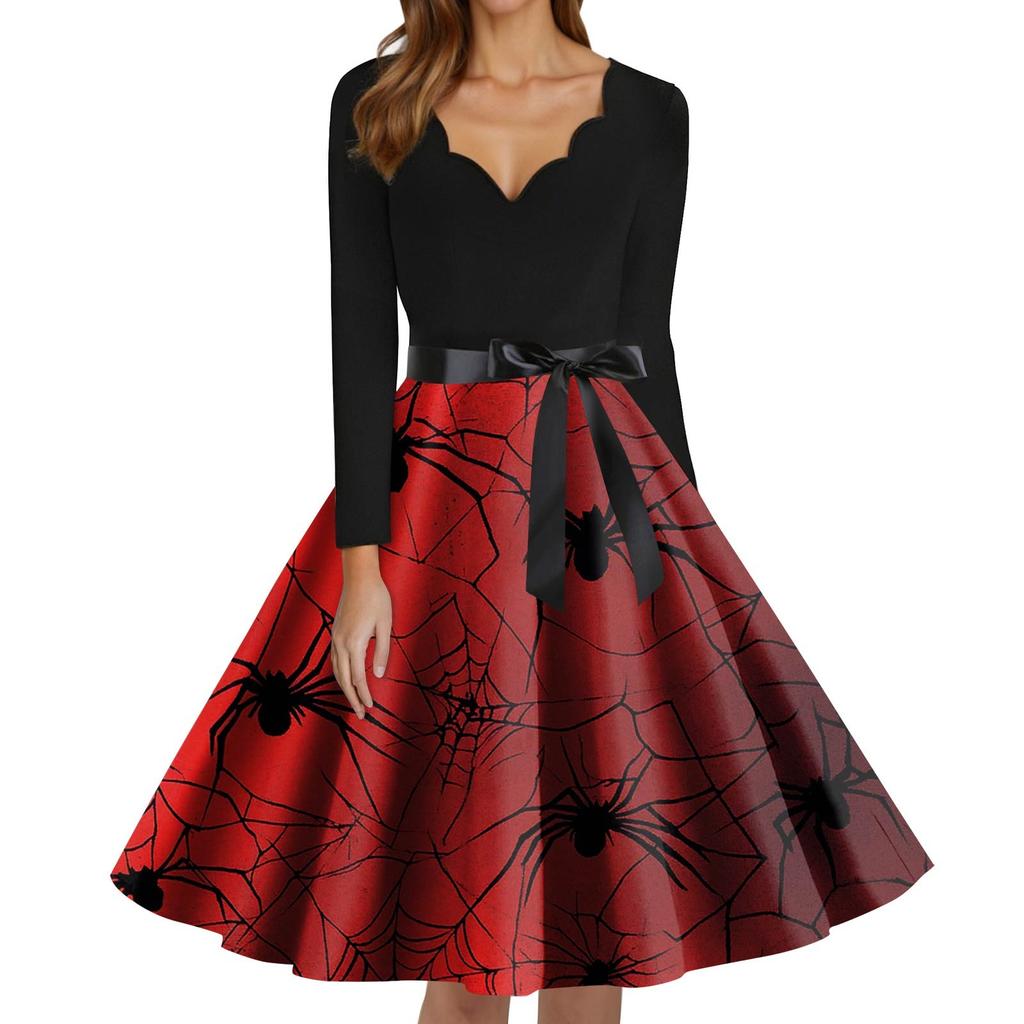 Women's Fashion V-Neck Casual Slim Fit Halloween Printed Long Sleeve Dress