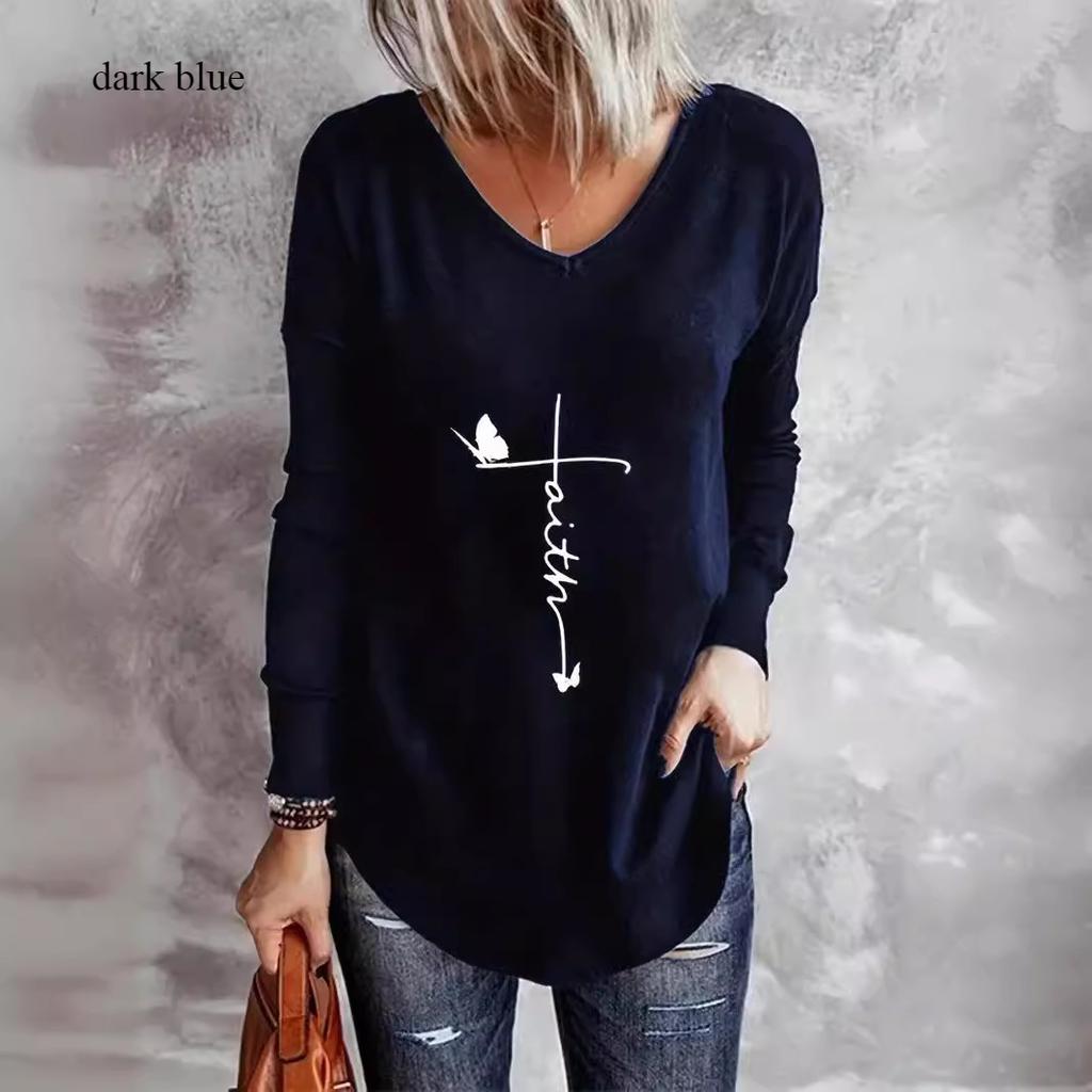 Animal Letters Feather Moon Printed 3D T Shirts Plus Size Black Tees Women Fashion V Neck Long Sleeve T Shirt