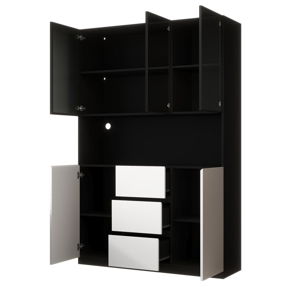 LED-Illuminated Glass Display Cabinet 120×40×200 cm – Tempered Glass with Shelves, Three Drawers and Two Doors, Versatile for Living and Dining Rooms.